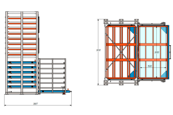 Стеллаж комбинированный кассетный SHELF DOUBLE 3,0х1,5_3т_7+8к_взк_зад_КР