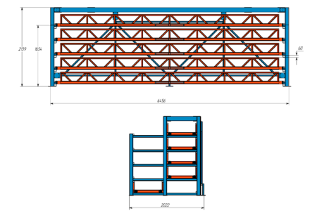 Кассетный выкатной стеллаж для длинномерного металлопроката Shelf Front 6,0х0,75_2т_5к_250