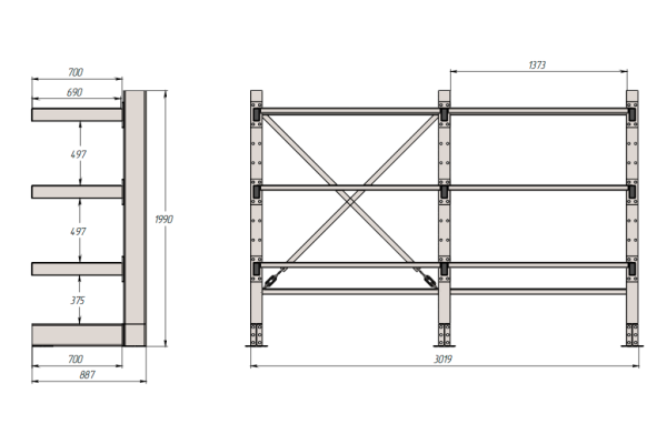 Консольные стеллажи с полками СК_3019х887х1990_С3_К9-750-700