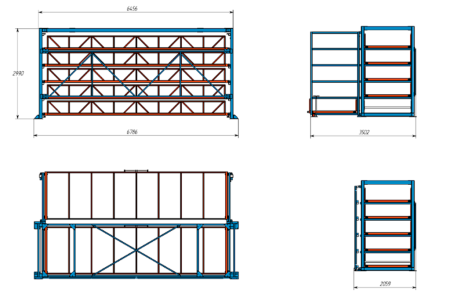 Кассетный выкатной стеллаж для длинномерного металлопроката Shelf Front 6,0х1,5_2т_5к_400